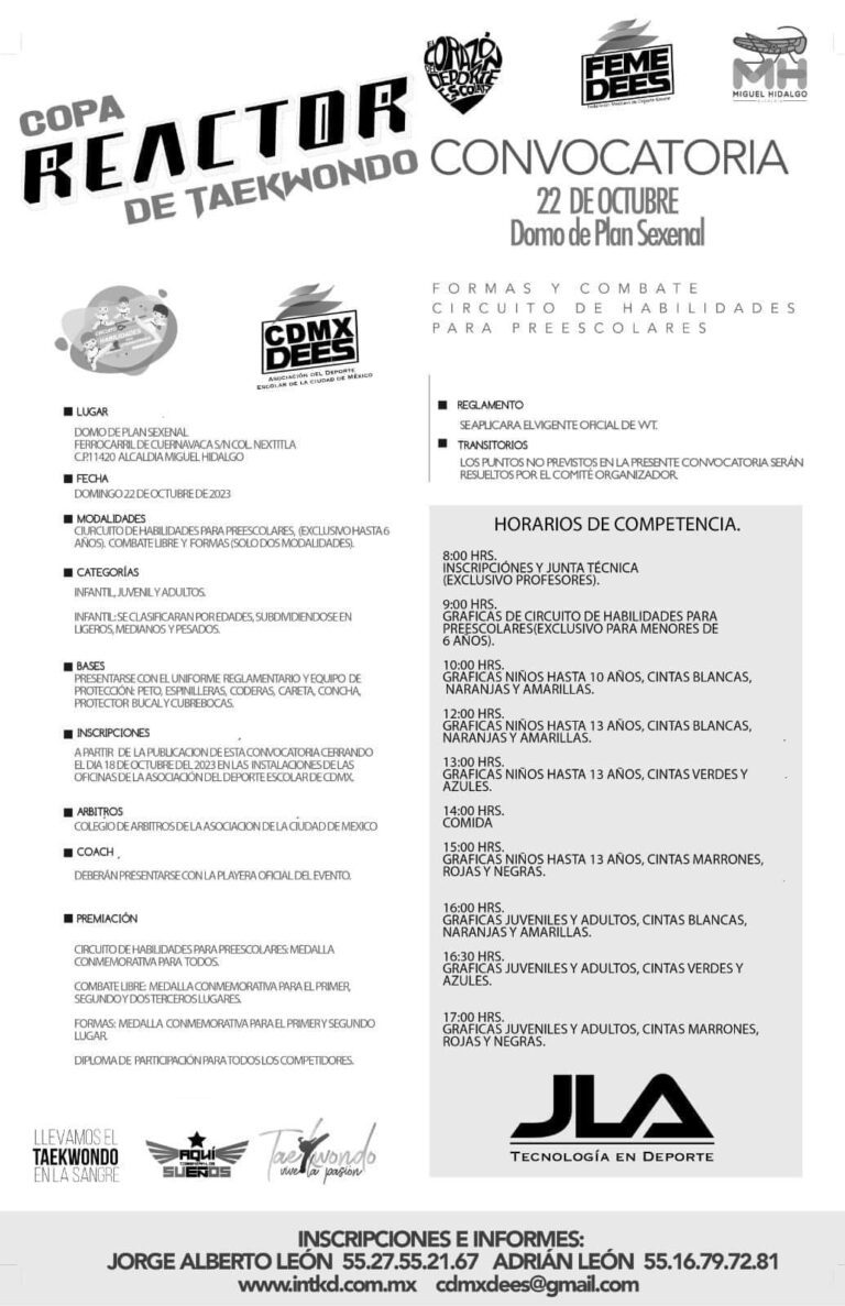 Convocatoria Torneo de Taekwondo, Copa Reactor 2023